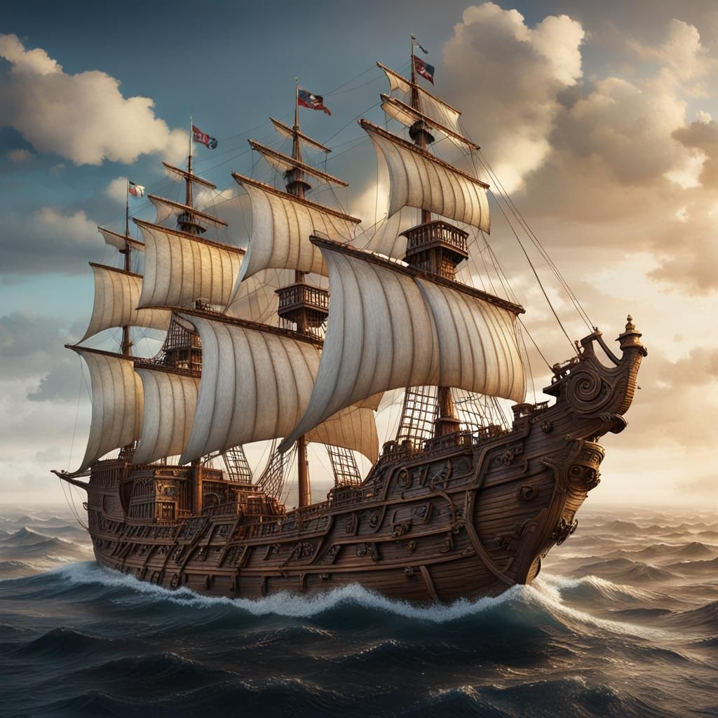 Ornate Pirate Ship on the Ocean in Matte Painting Style