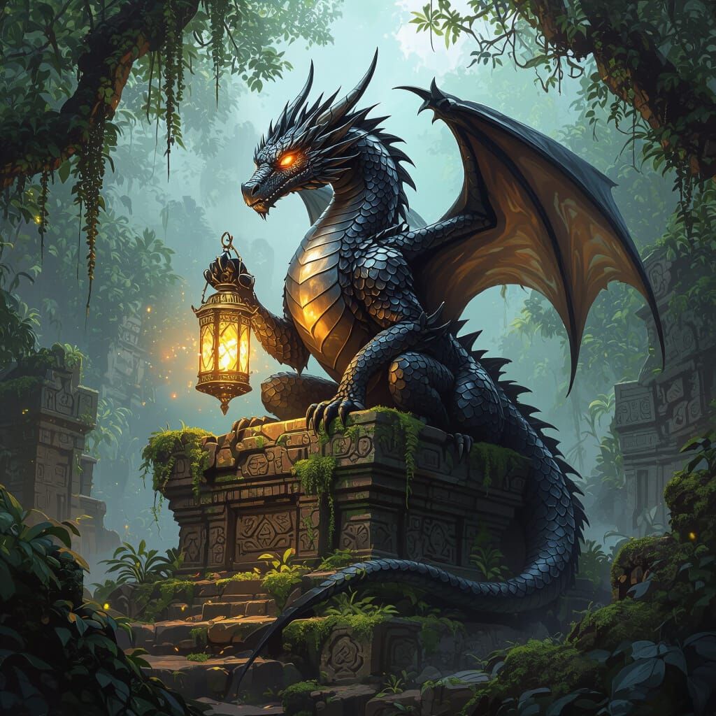 Obsidian Dragon on Jungle Temple, Fantasy Art