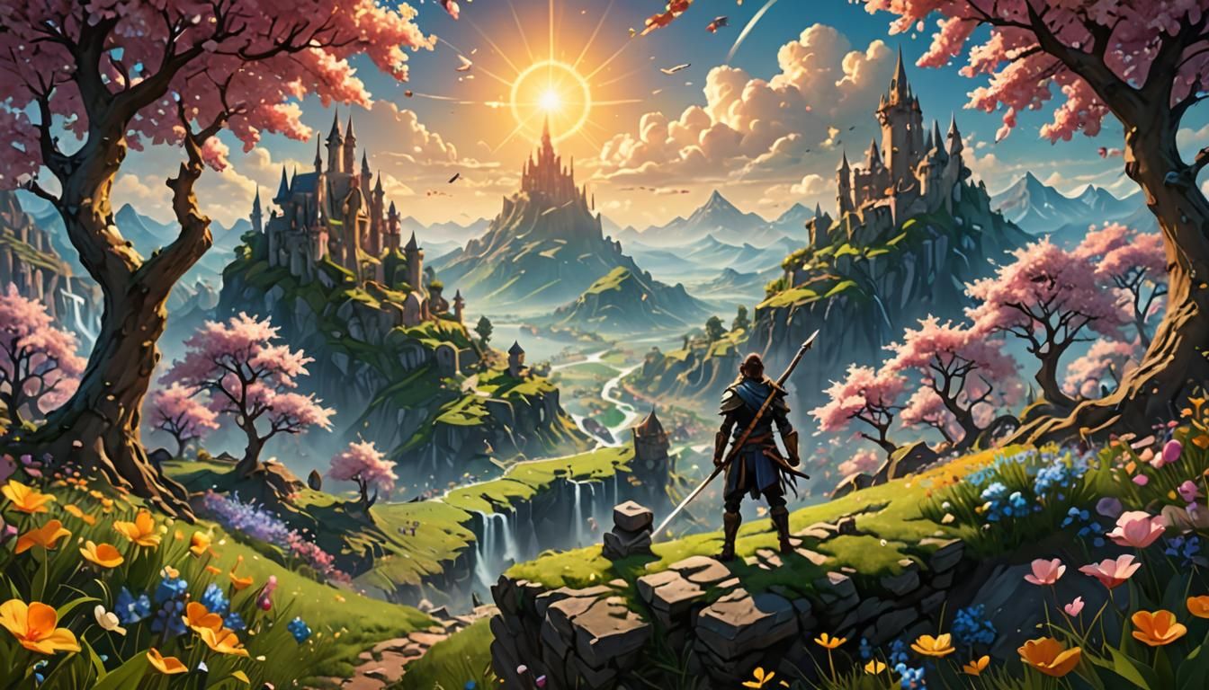 Fantasy Hero in Spring Landscape, Digital Painting