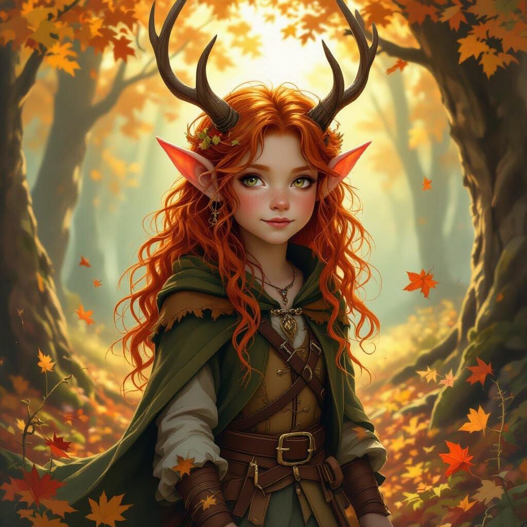 Autumn Faun with Fiery Red Hair in Dappled Sunlight