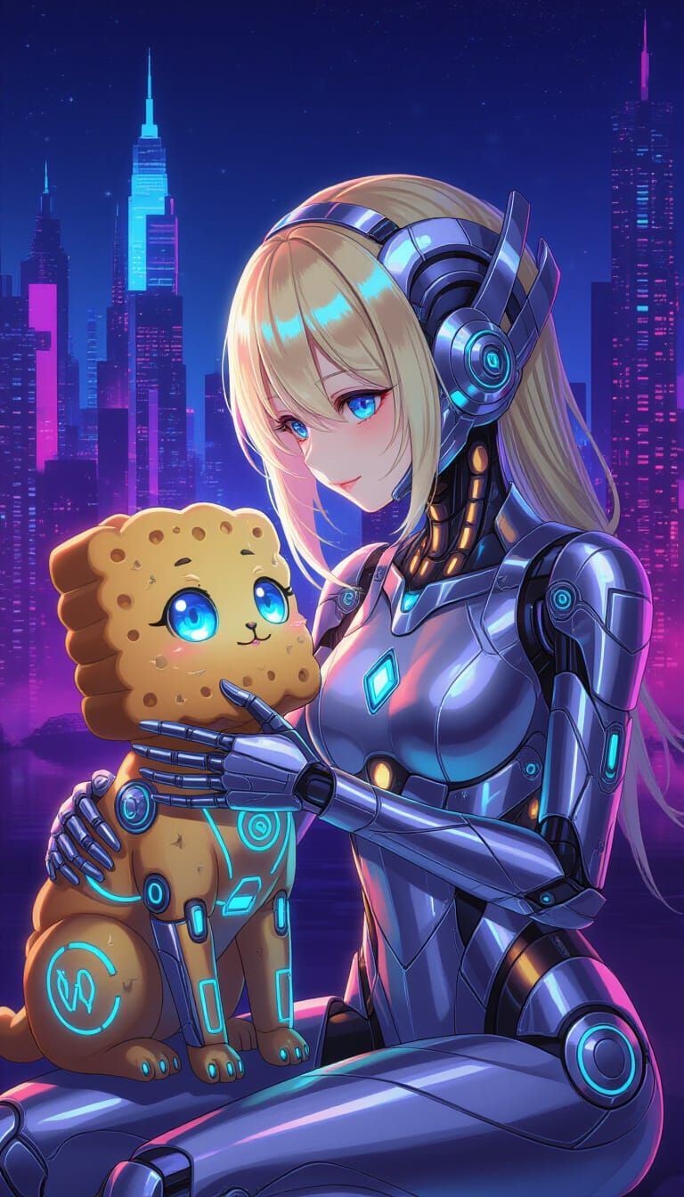 Cyborg Girl and Holographic Pet in Abstract Cityscape