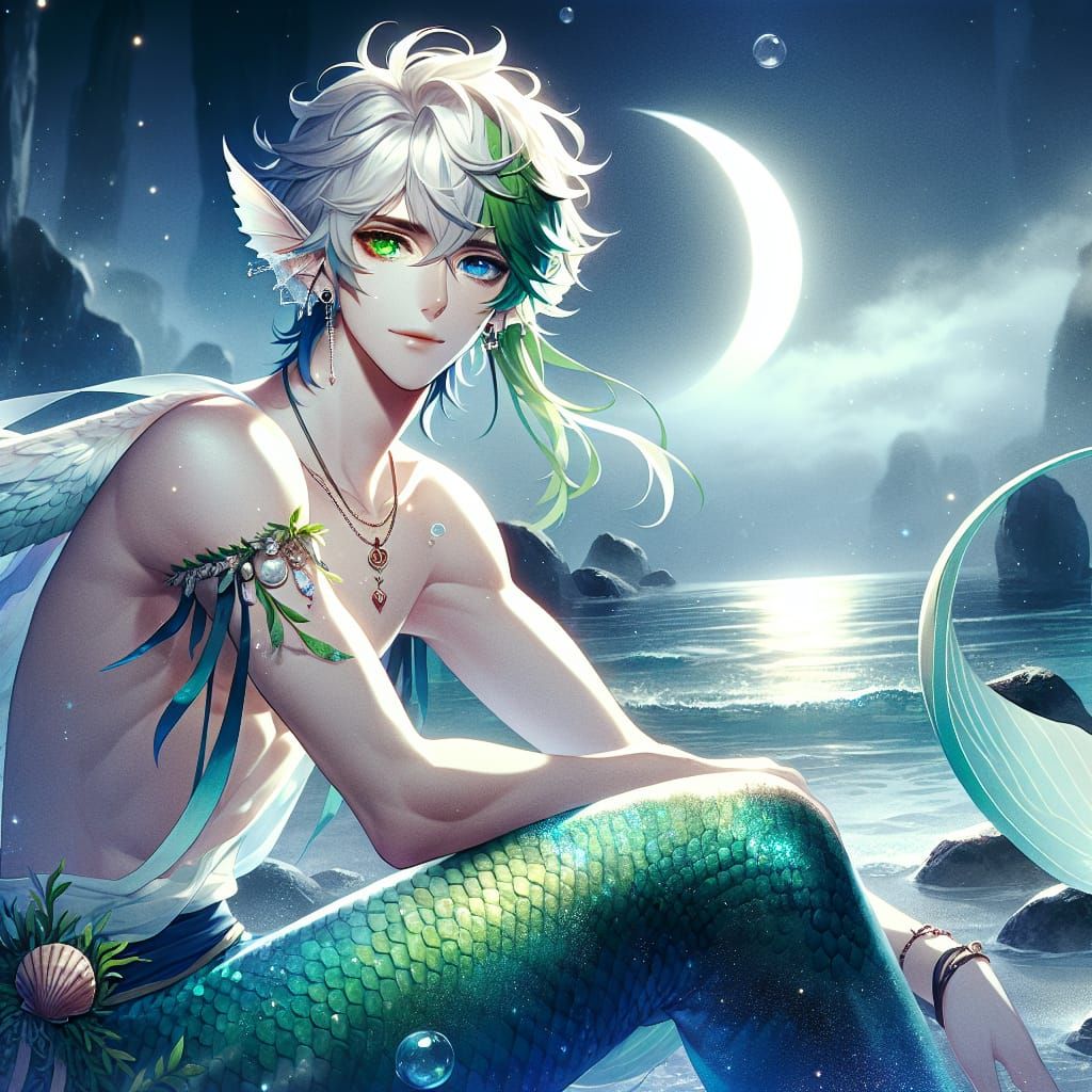 Anime Satyr Merman Gazing at the Misty Ocean