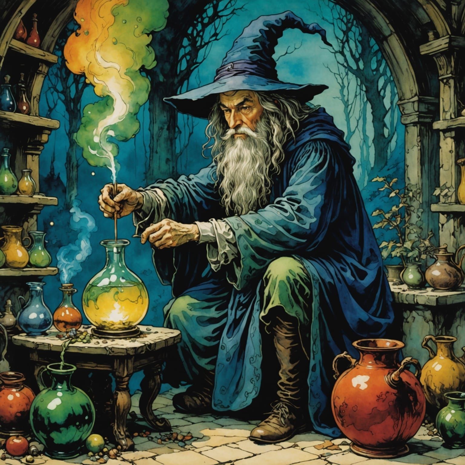 Whimsical Wizard Brewing Potion in Saturated Colors