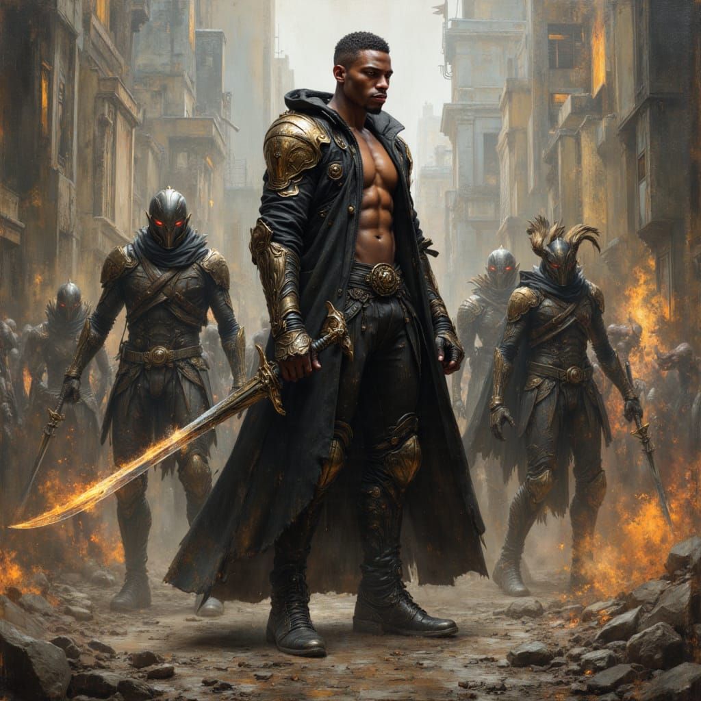 African Warrior God Battles Cyberpunk Zombies in City