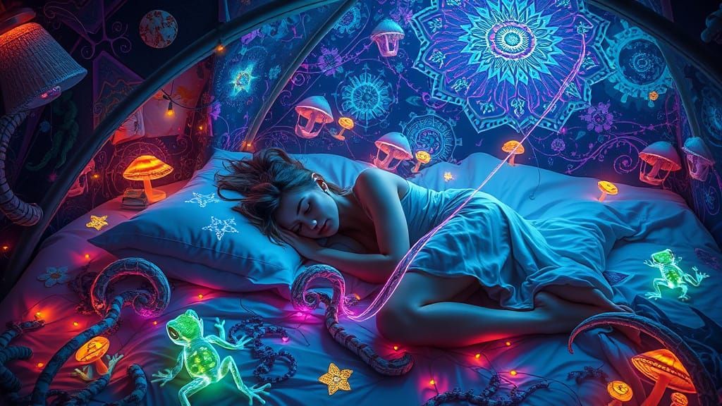 Ethereal Woman Asleep in Bioluminescent Utopia