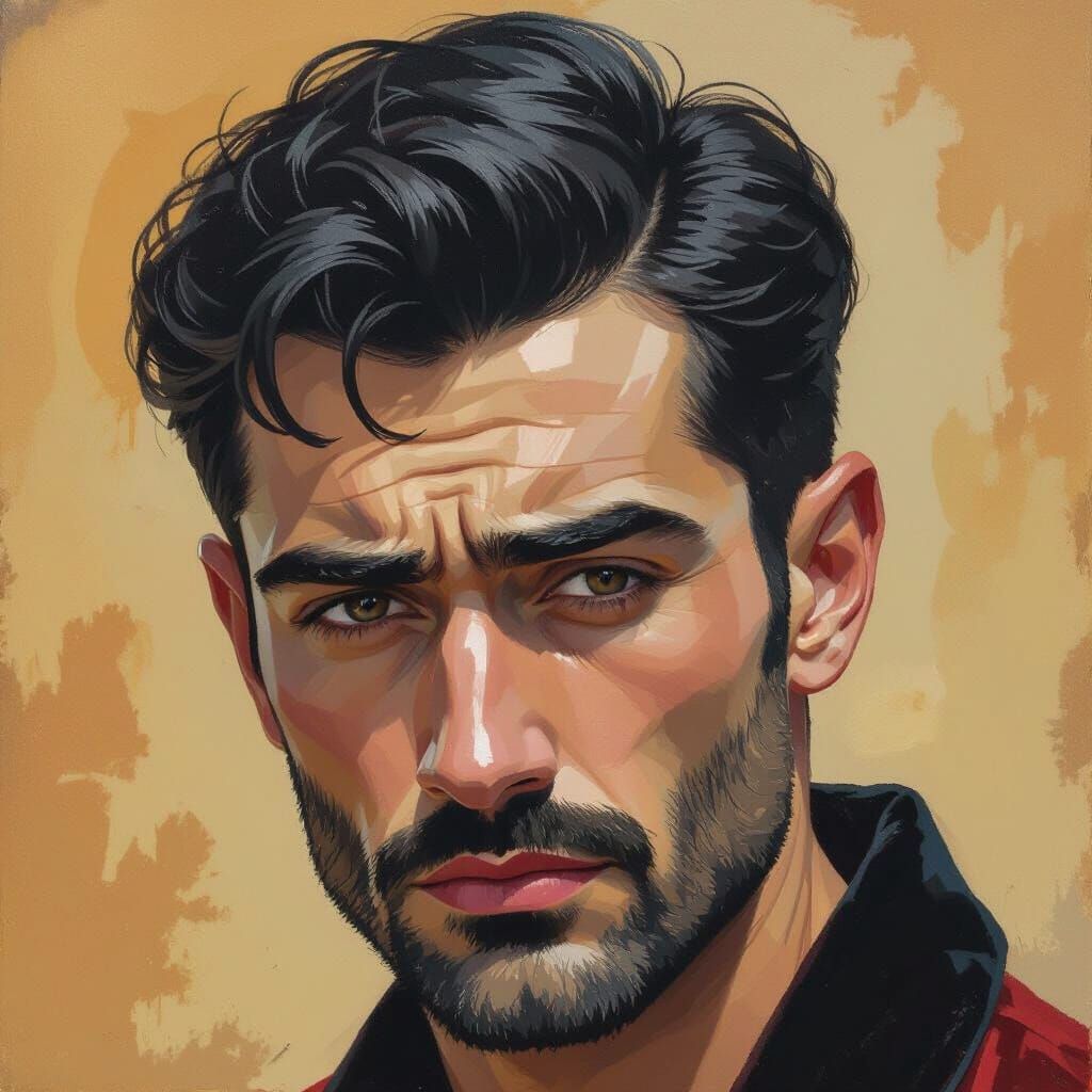 Handsome Sad Man in Velvet Robe Against Mountain Landscape