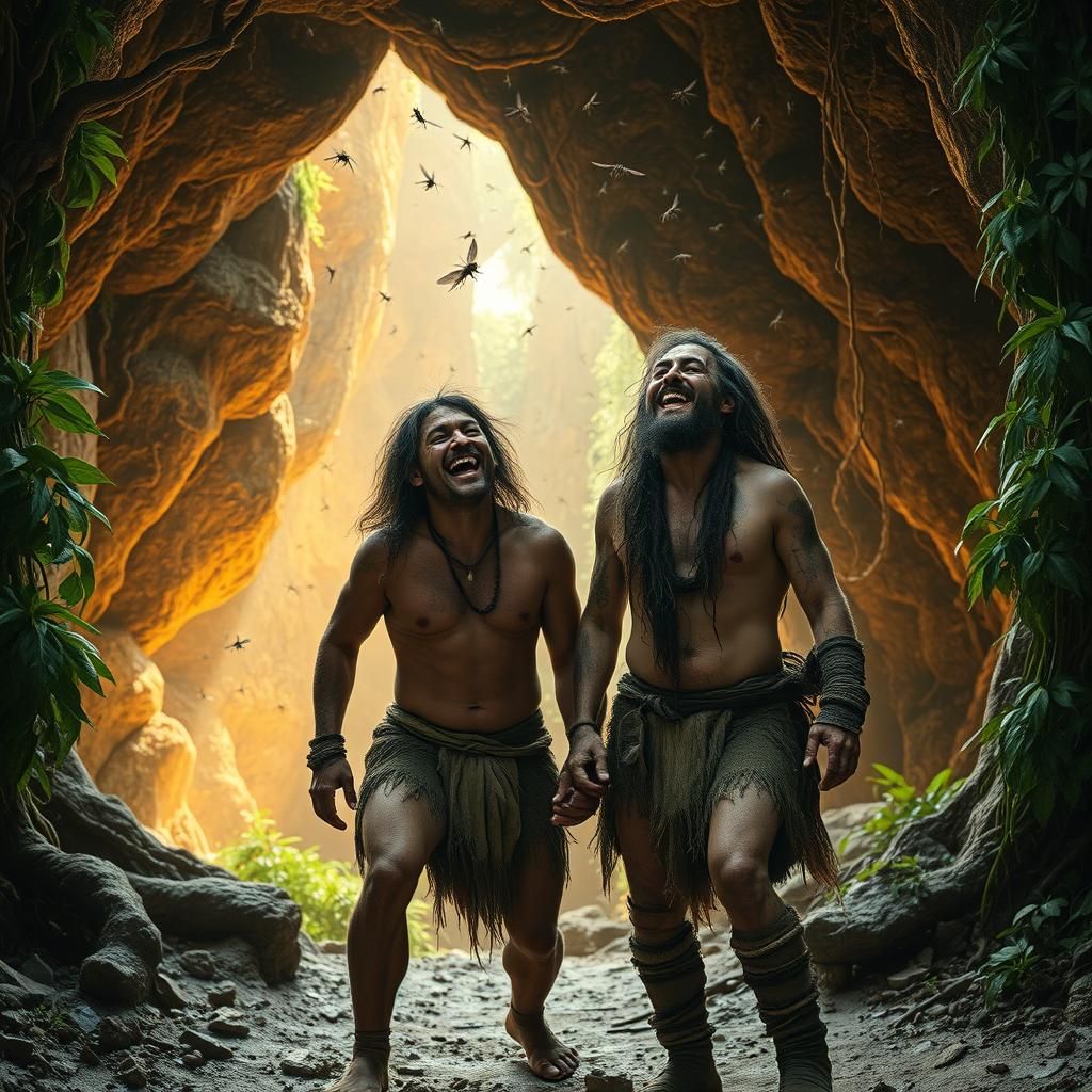 Prehistoric Couple Laughing in Front of Cave Entrance