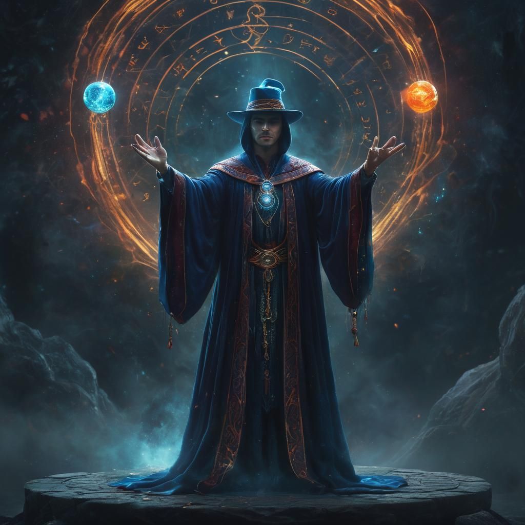 Magician Conjuring Orb in Mystical Realm