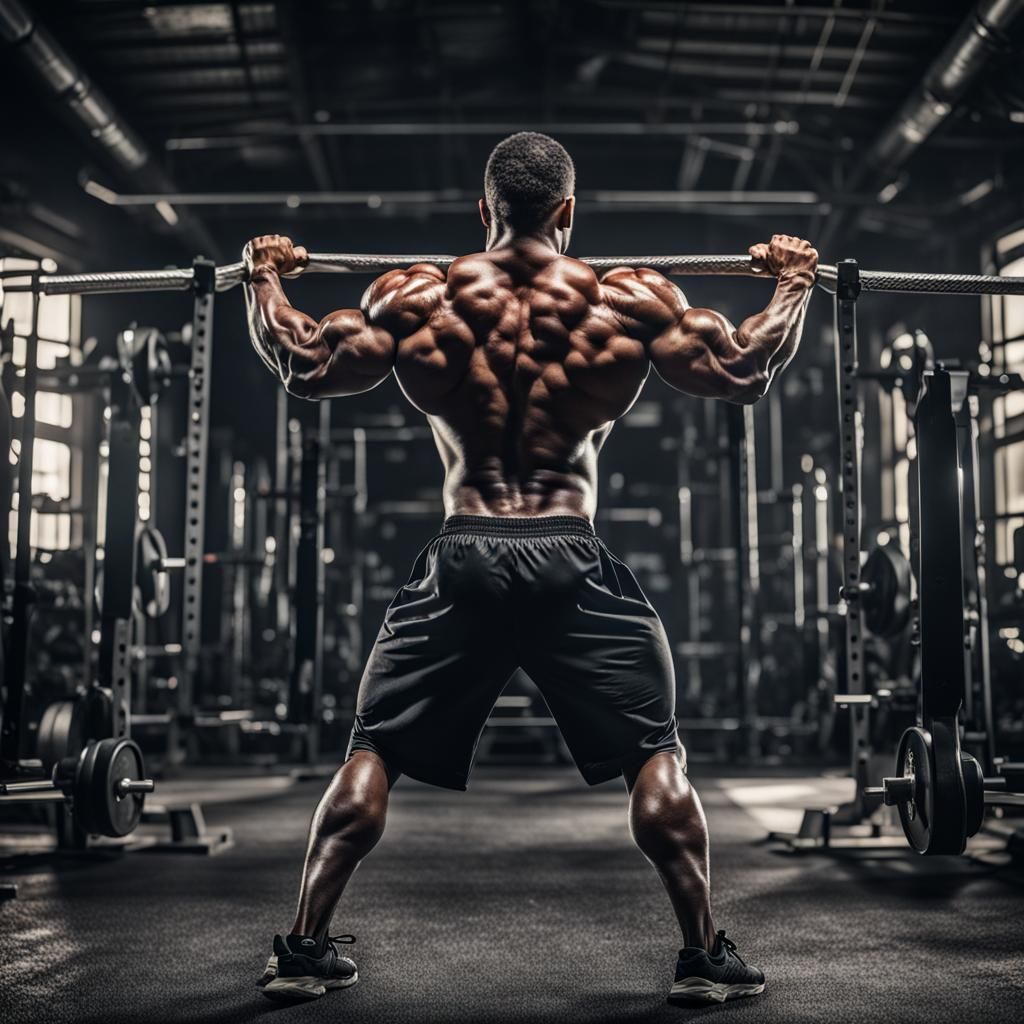 Hyperrealistic Muscular Man Flexing Back Muscles