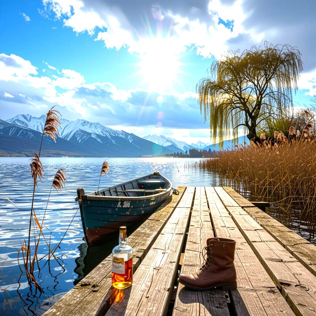 Summer Lake Scene With Snowy Mountains and Old Pontoon