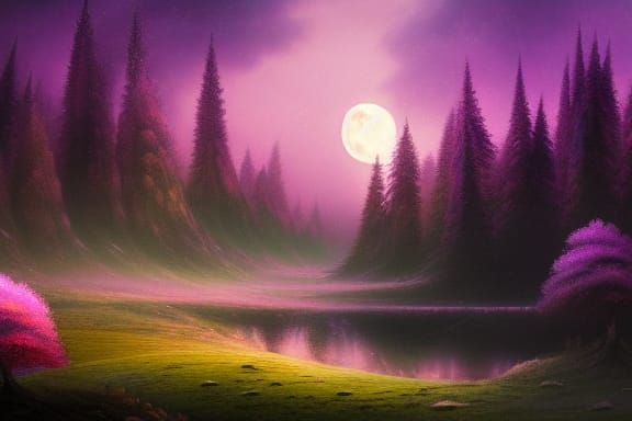 Purple Mist Valley: Fantastical Tree-Mountains at Night