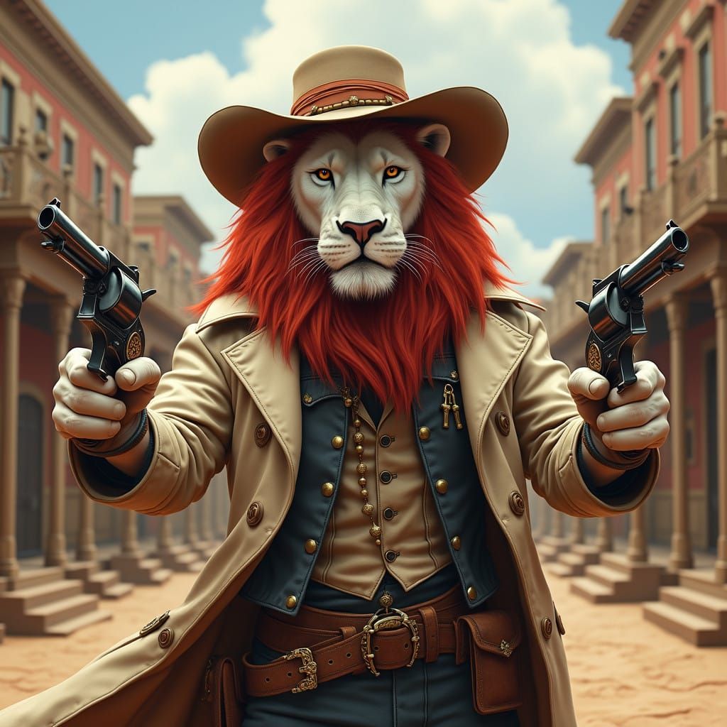 Gunslinger White Lion: A Majestic 19th-Century Gunslinger wi...