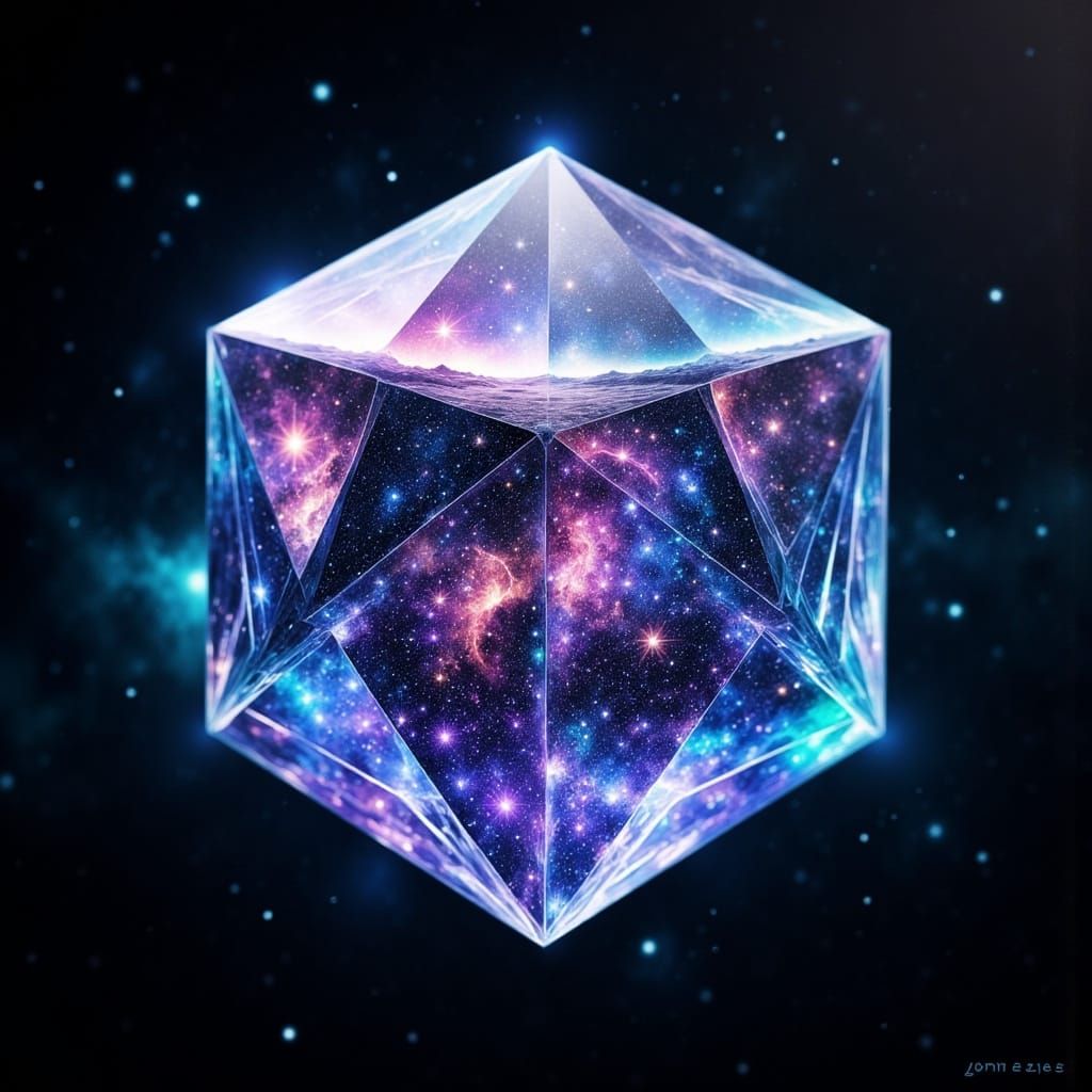 Iridescent Seven-Sided Die in Cosmic Nebula