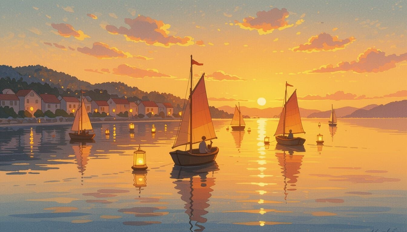 Seaside Town at Dusk: Ghibli-Inspired Lantern Boats