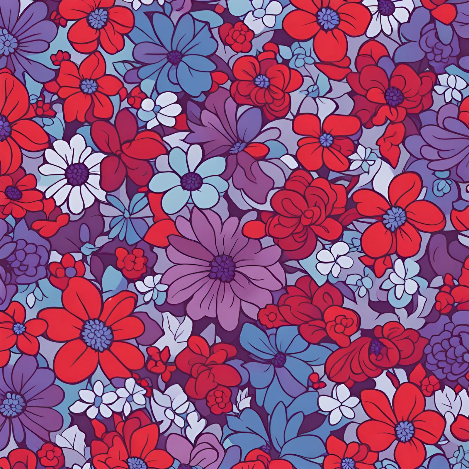 Vibrant Red Blue Purple Floral Pattern