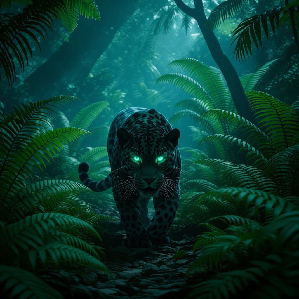 Bioluminescent Jaguar in Prehistoric Jungle: Cinematic Still