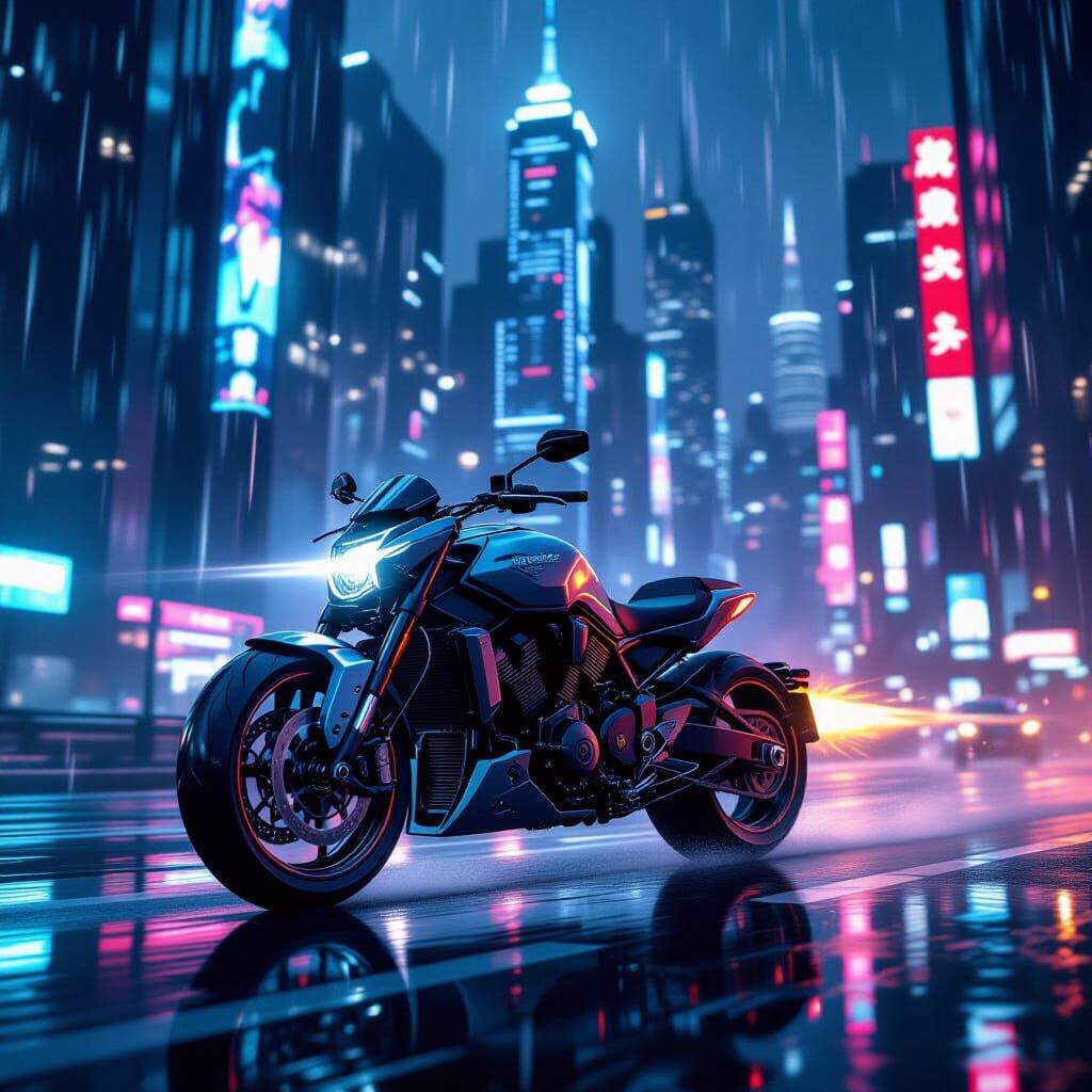 Futuristic Motorcycle Speeds Through Neon Cityscape