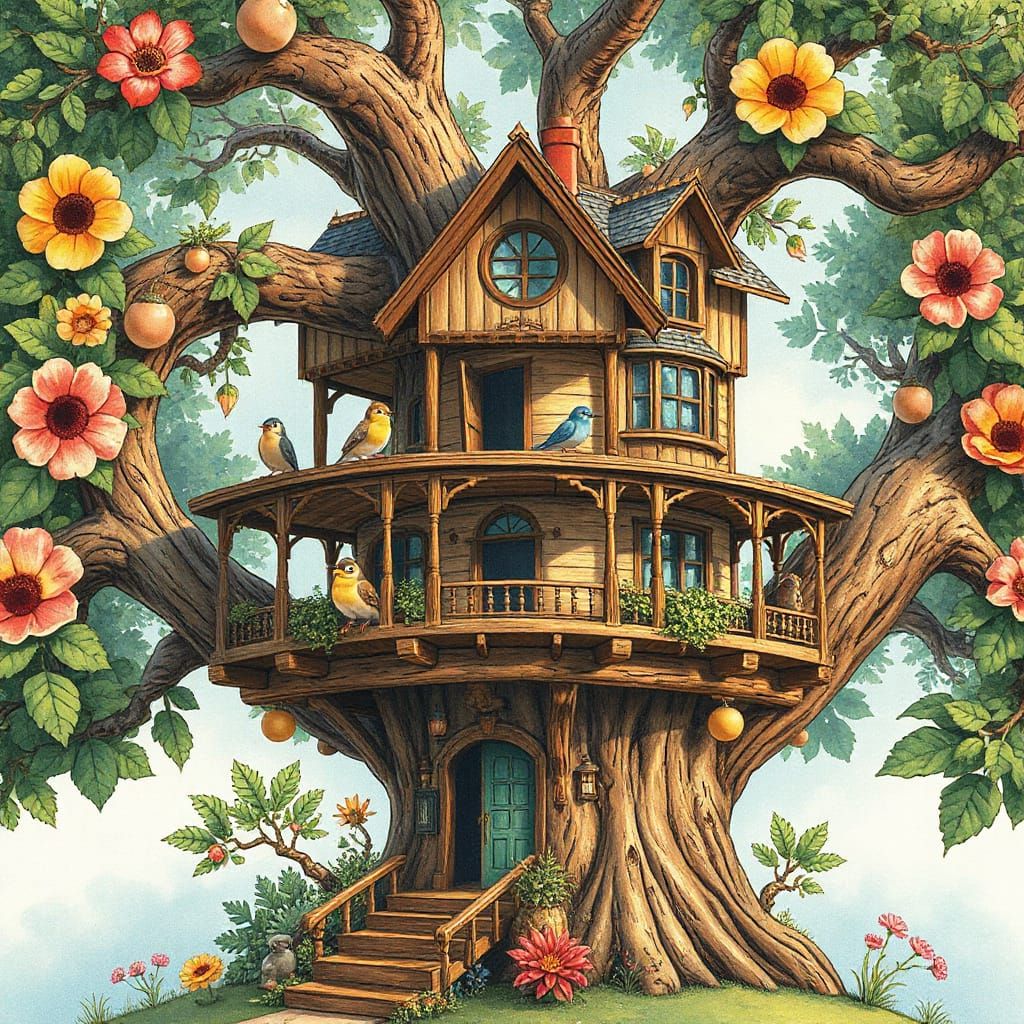 Whimsical Bird Boarding House in Lush Tree