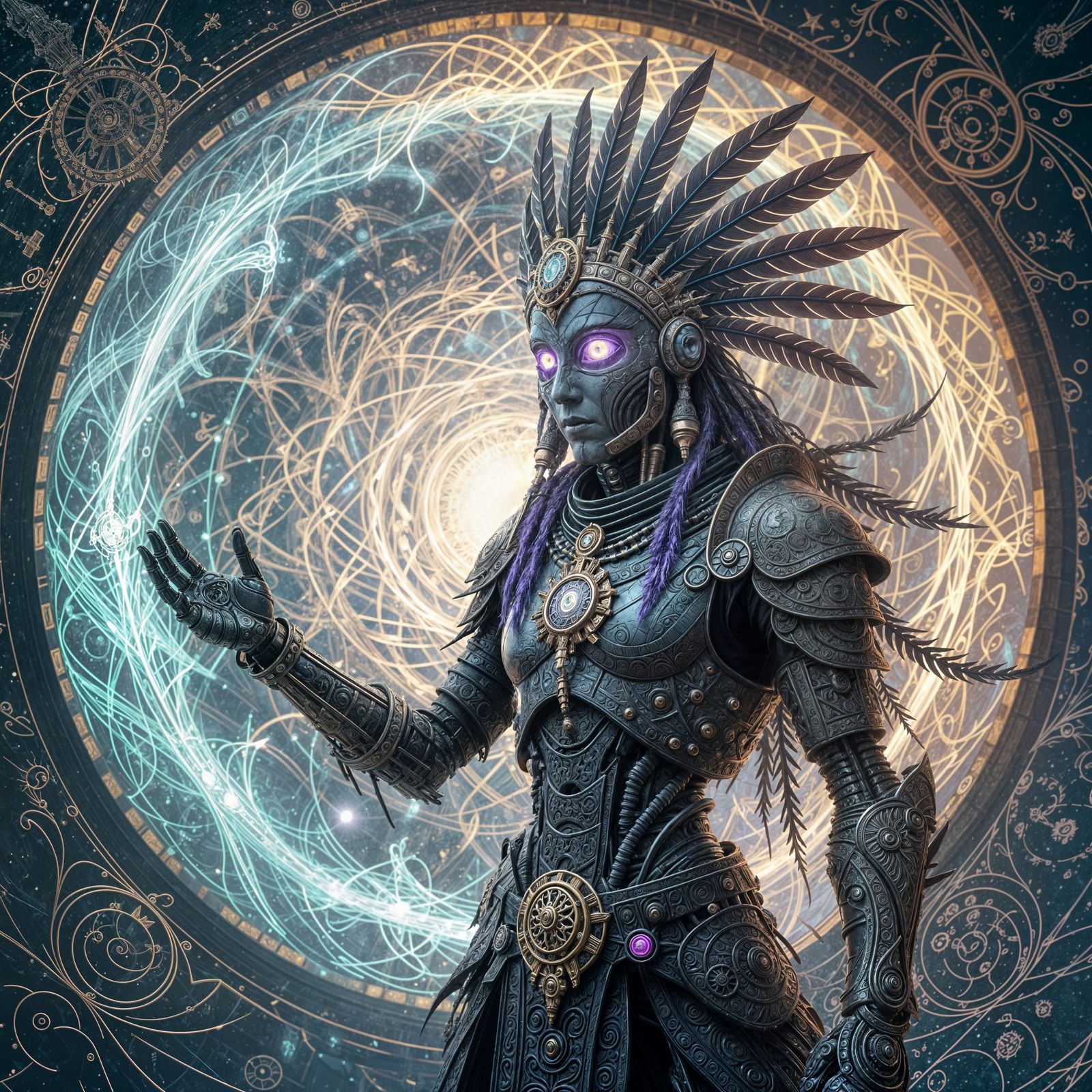 Biomechanical Shaman Channeling Energy in Psychedelic Art No...