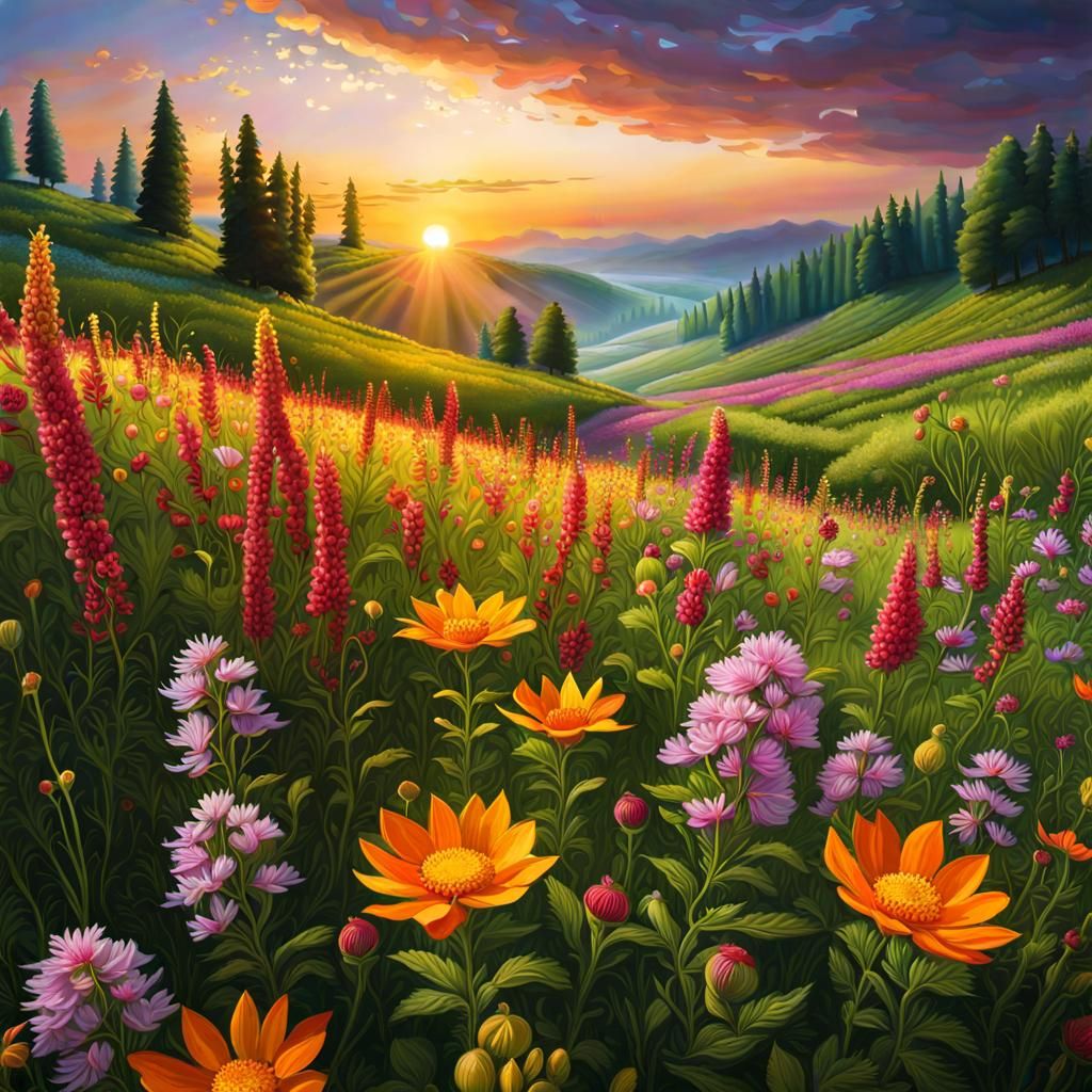 Wildflower Field Sunset: Detailed Matte Painting