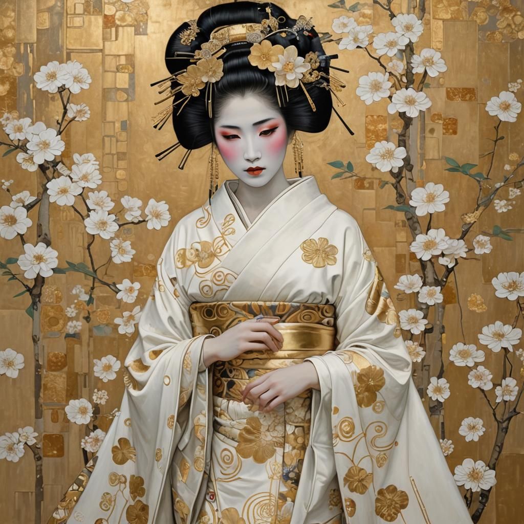 Geisha in Gold and White, Art Nouveau Style