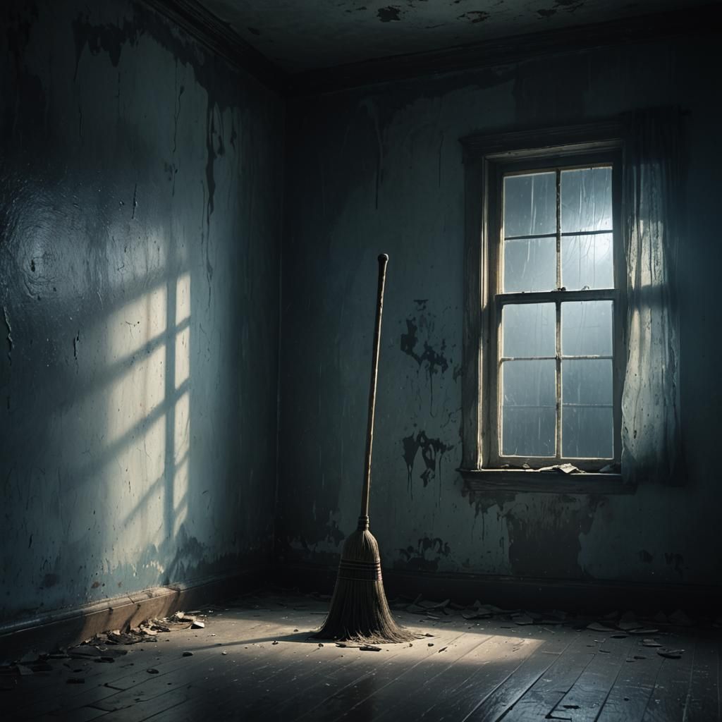 Eerie Broom in Empty Room: Atmospheric Surrealism
