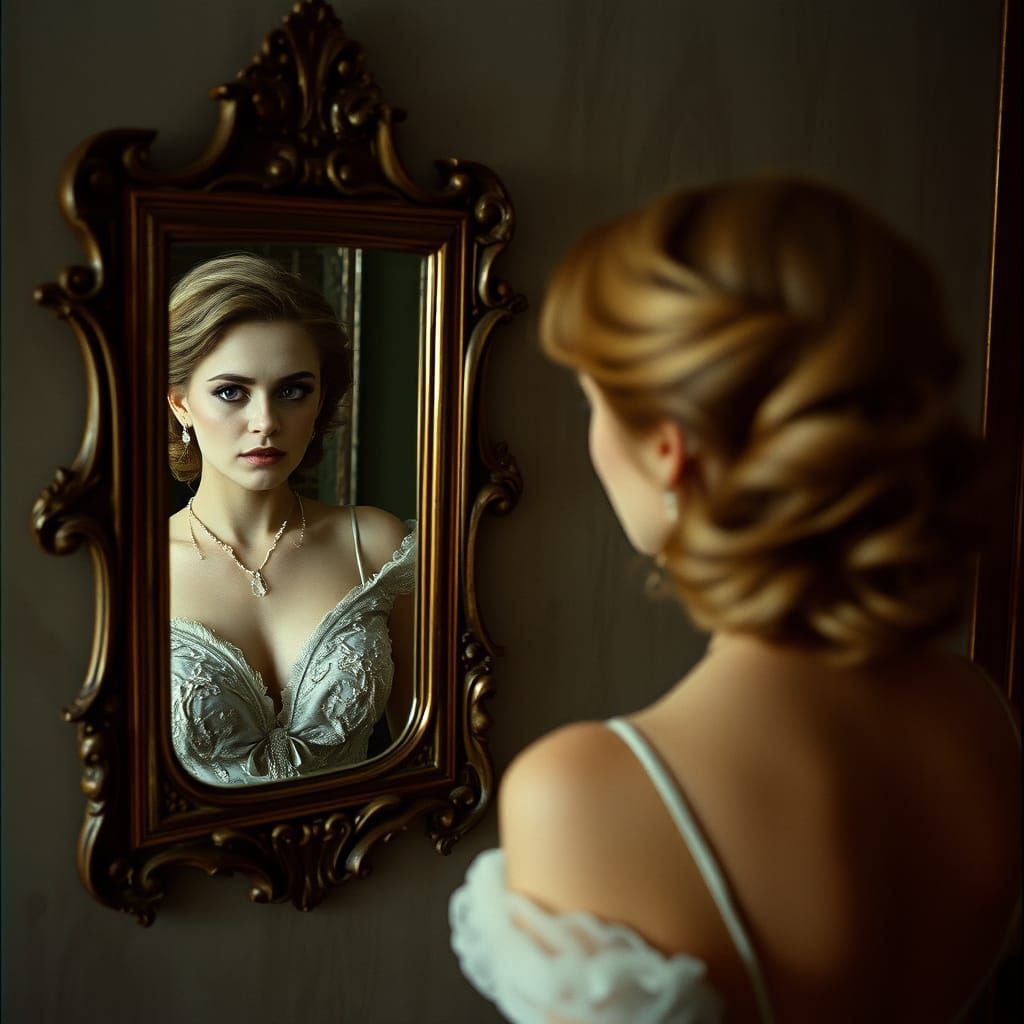 Elegant Woman and Distorted Reflection: Cinematic Film Still