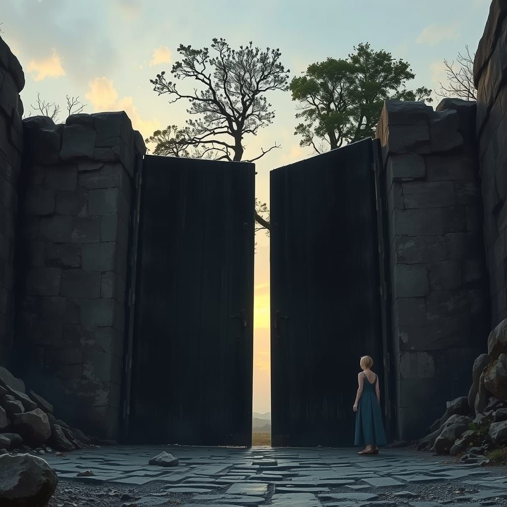 Ethereal Woman Contemplates Forbidding Castle Doors in an Ar...