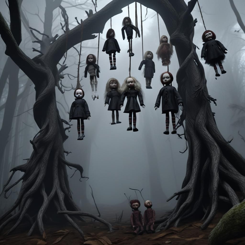 Creepy Dolls Hanging in Dark Forest