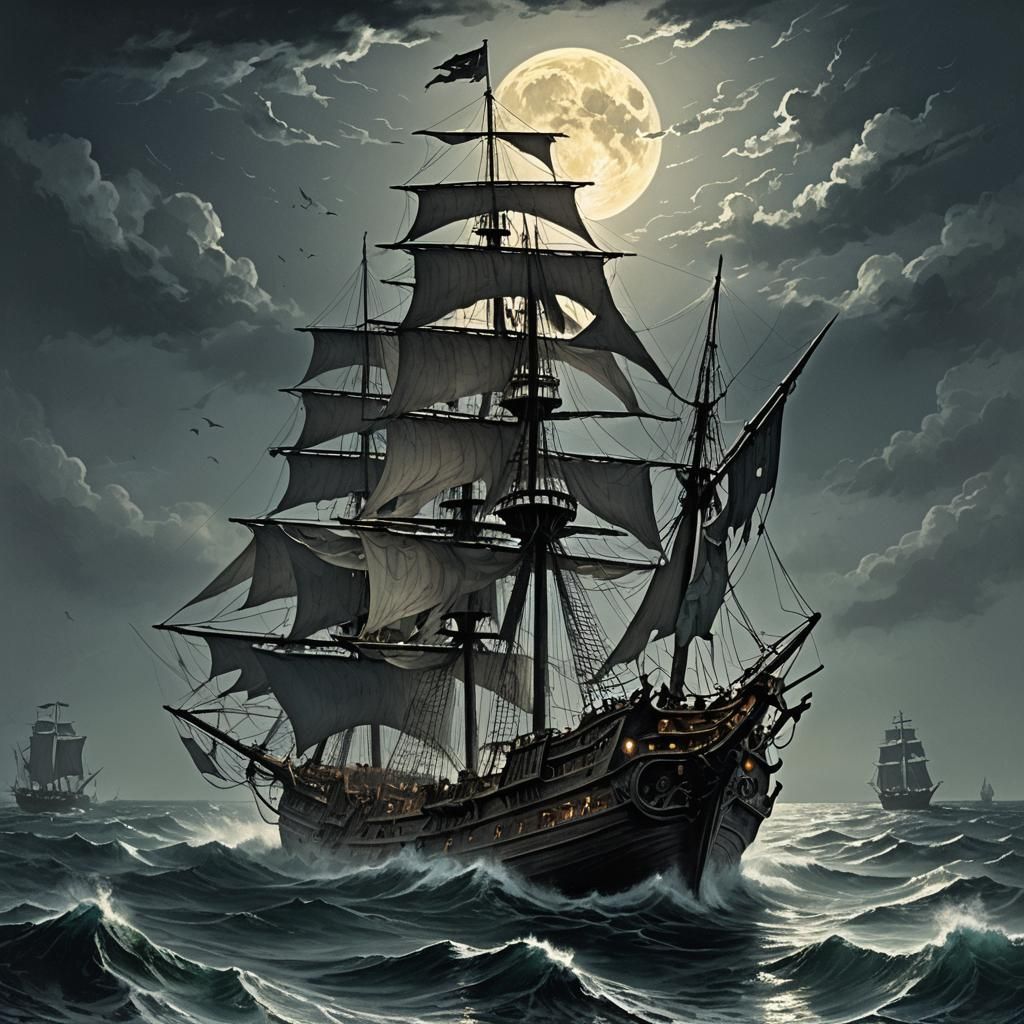 Werewolf Pirate Ship Under Full Moon