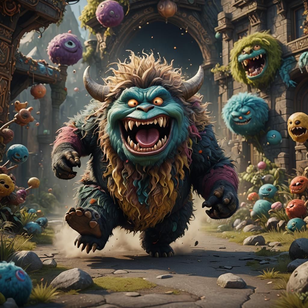Fluffy Monster Making Funny Faces in Detailed Matte Painting