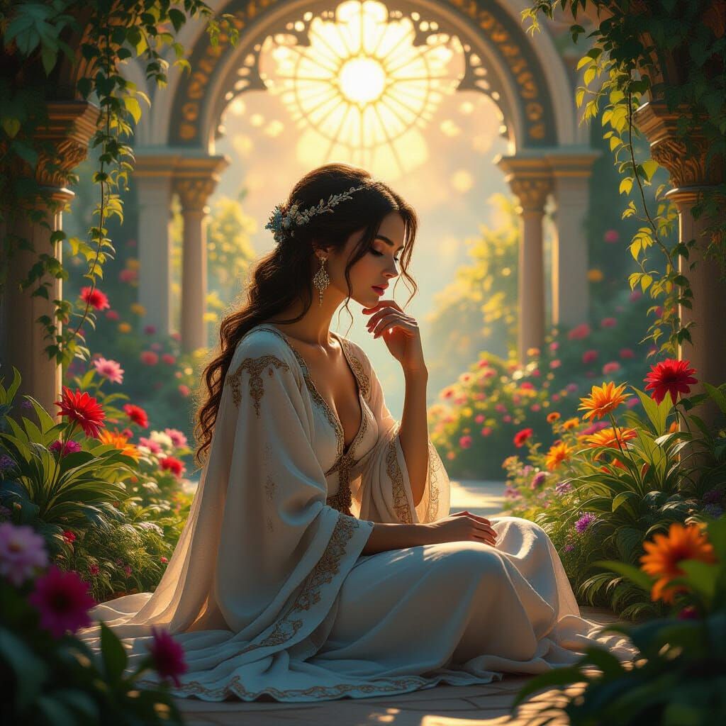 Mystical Woman in Celestial Garden: Digital Art