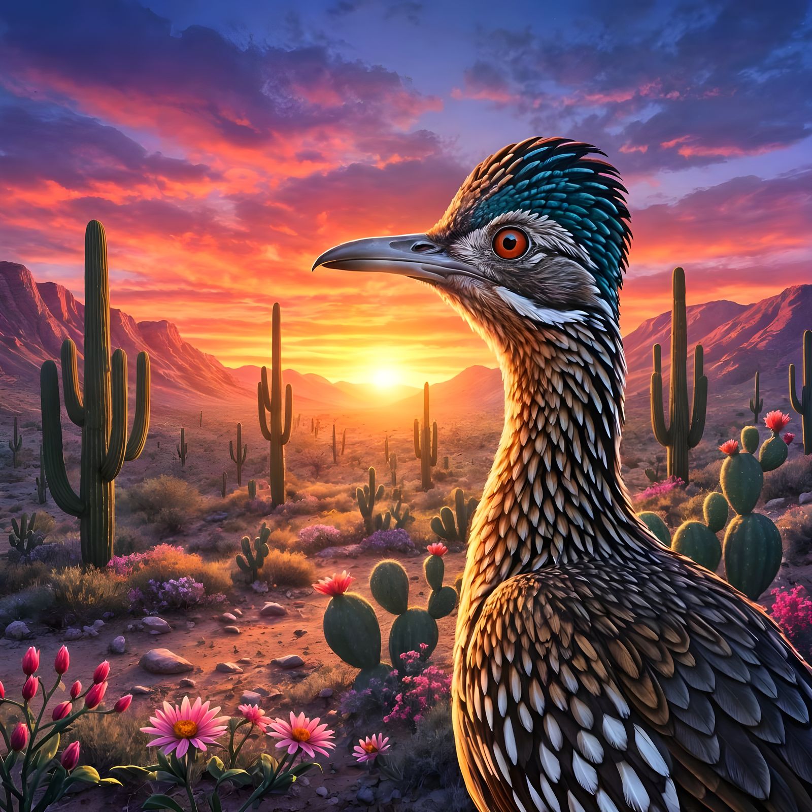 Roadrunner Bird Overlooks Desert Valley at Sunset