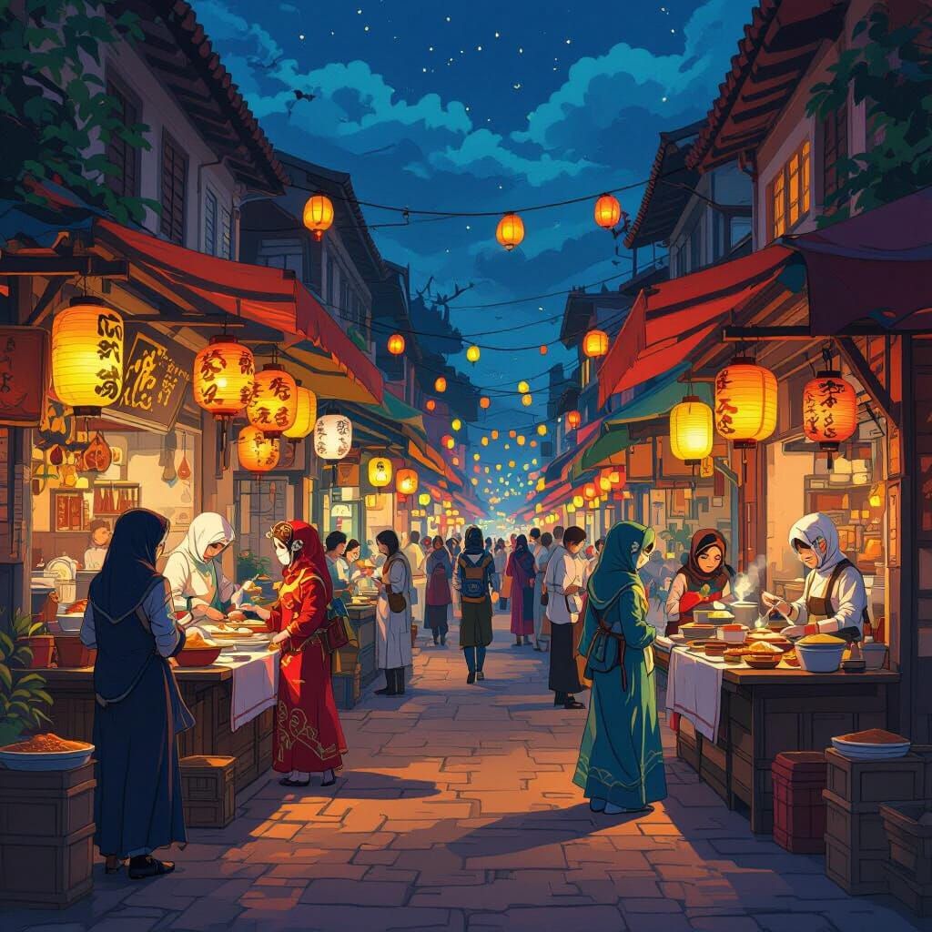 Malaysian Street Food Market in Ghibli Anime Style