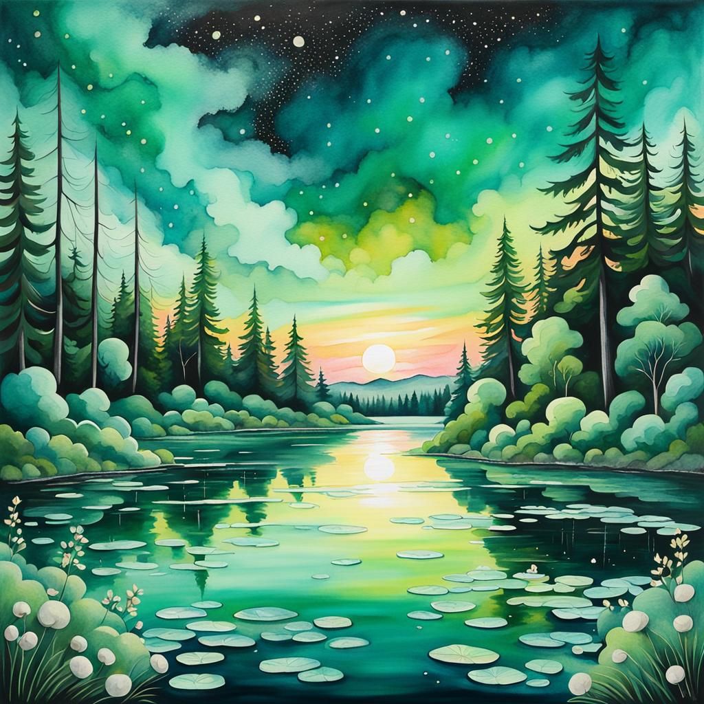 Green Monochromatic Landscape with Iridescent Lake