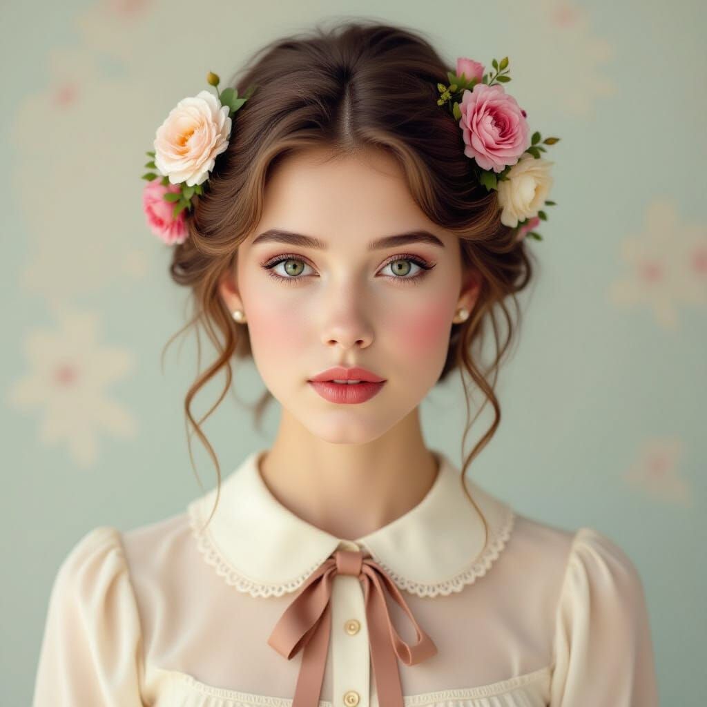 Dreamy Woman Portrait with Vintage Flowers in Soft Watercolo...