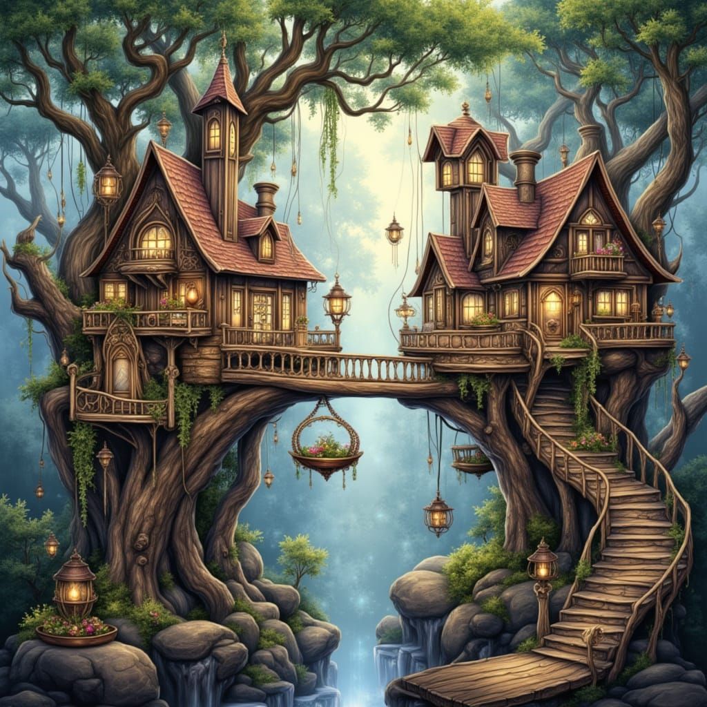 Ancient Oak Trees Support Whimsical Village in Fantasy Art