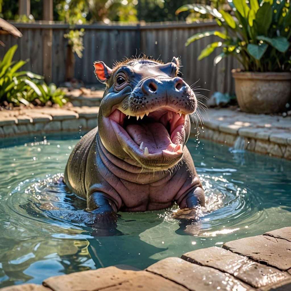 Cute Baby Hippo in Swimming Pool, Photorealistic HDR