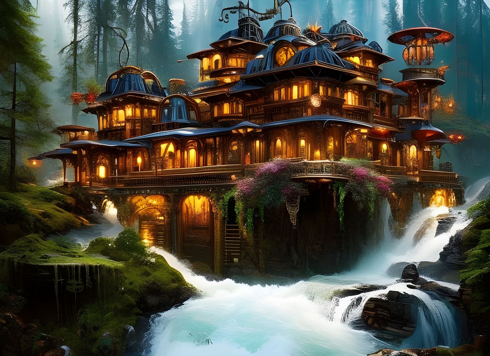 Steampunk Mansion on Waterfall: Fantasycore Artwork