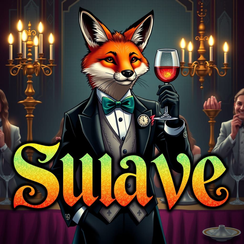 A stylish anthropomorphic fox wearing a tuxedo at a dinner p...