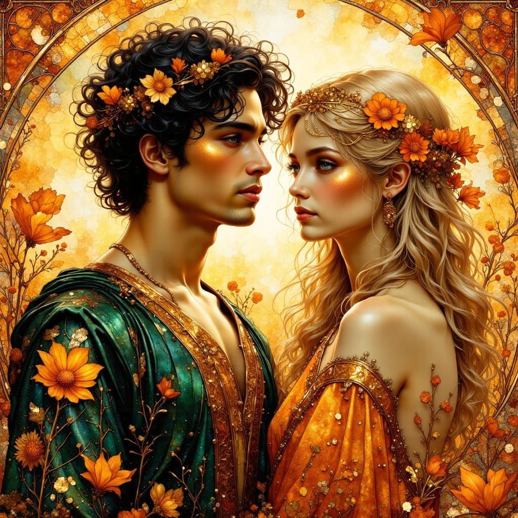 Romantic Couple in Sparkling Stained-Glass Nouveau