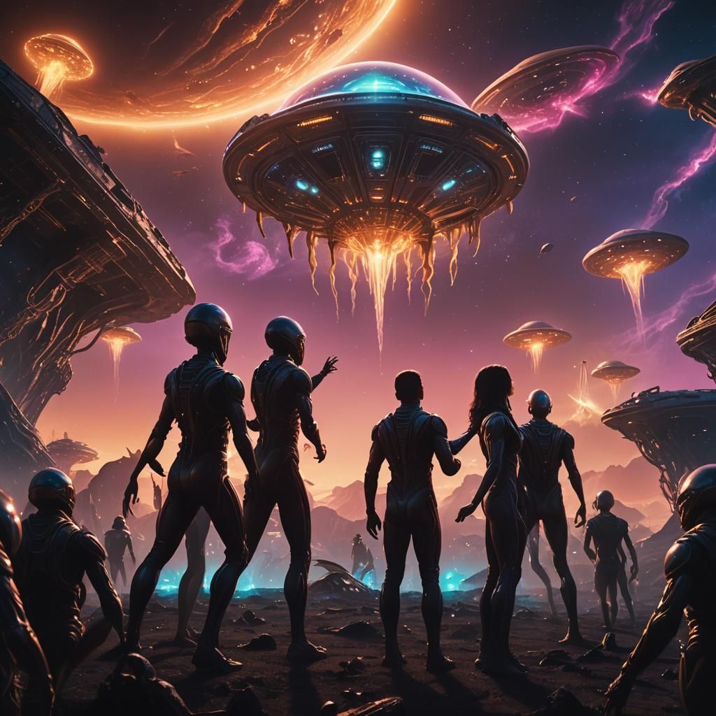 Aliens Saving Humanity: Surreal Sci-Fi Landscape