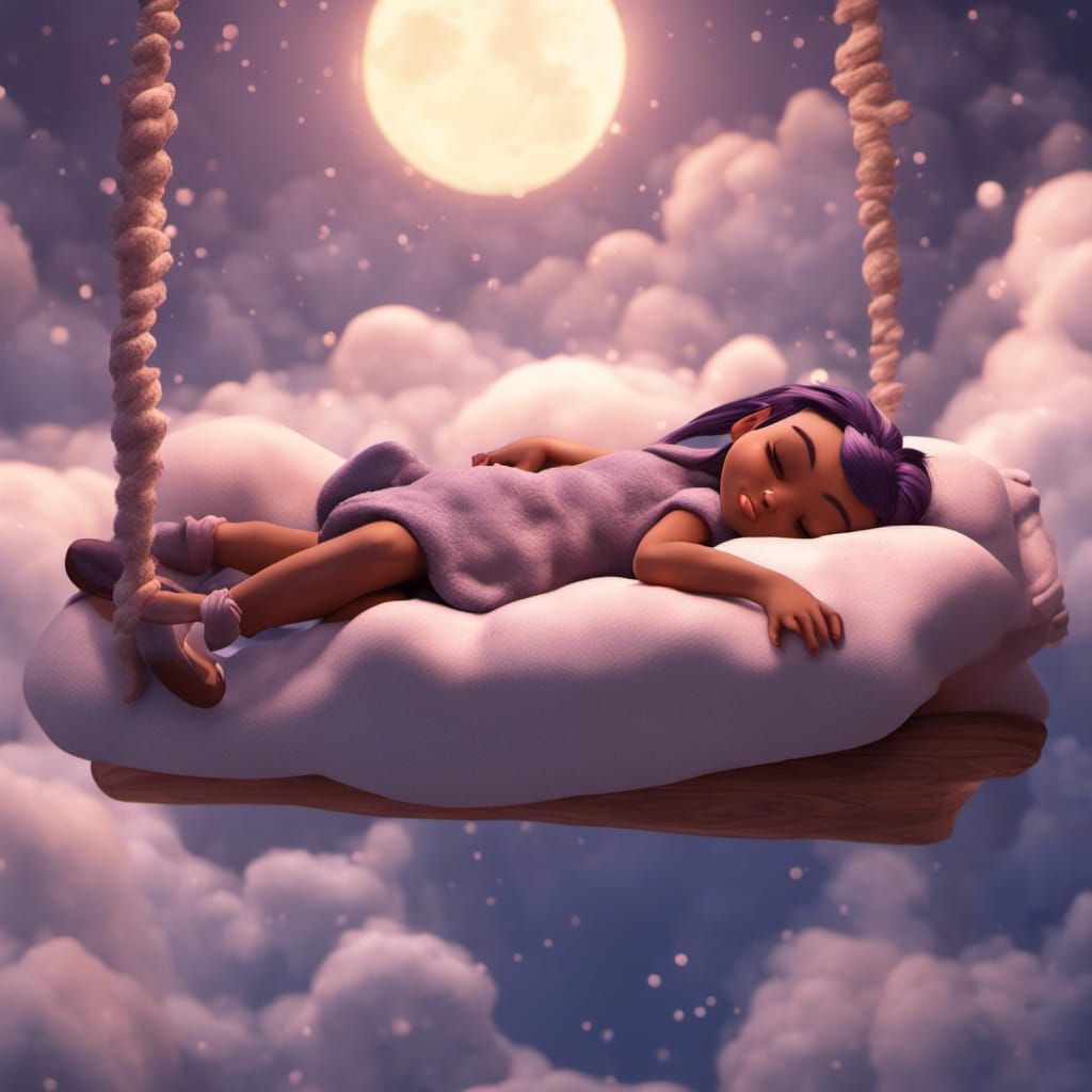 Elf Girl Asleep on Floating Bed in Clouds