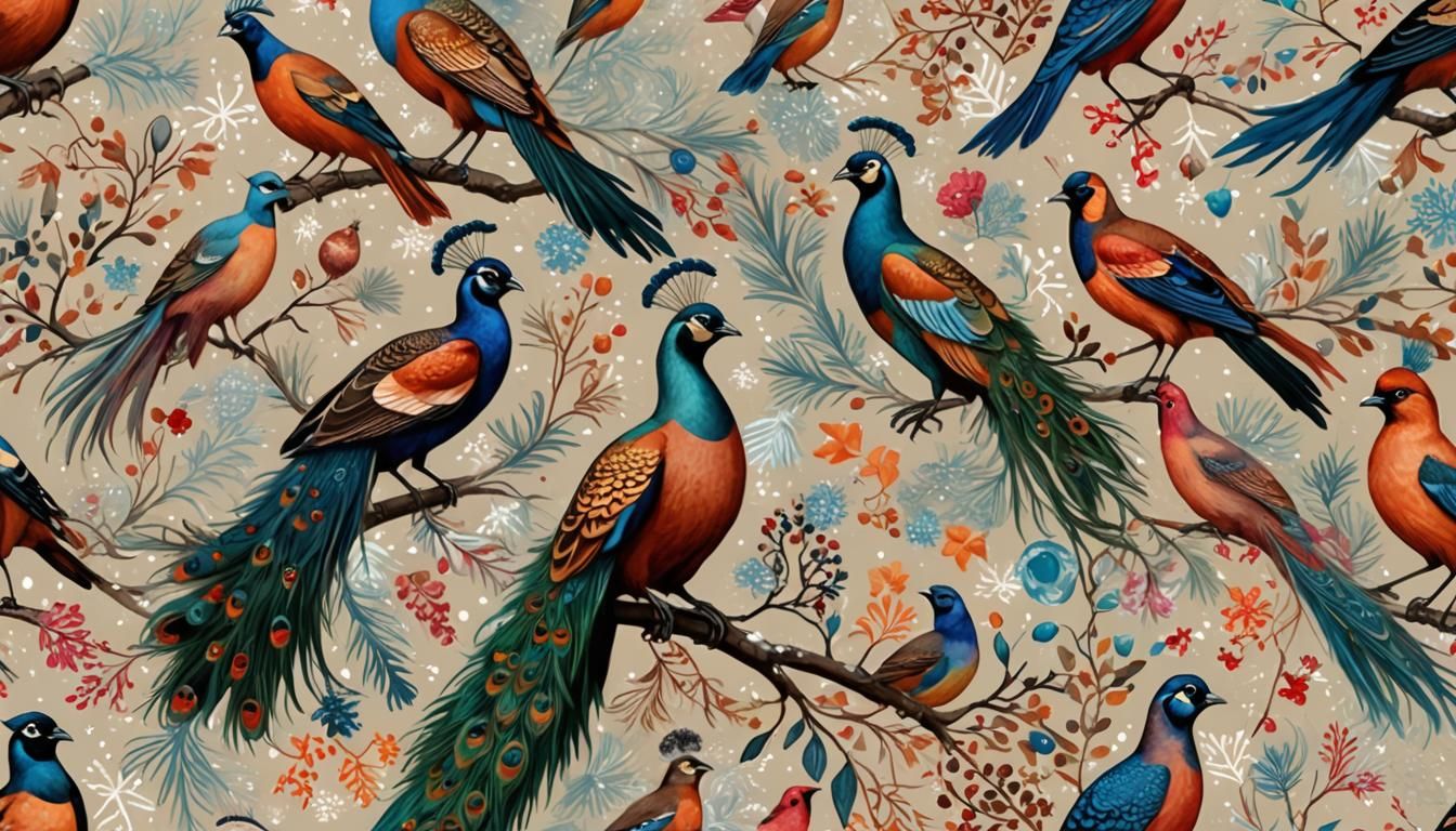 Peacock Takes Flight with Colorful Bird Flock