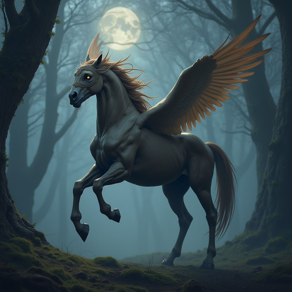 Equine-Avian Hybrid Creature in Moonlit Forest