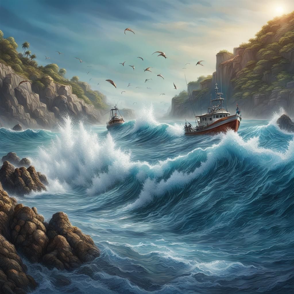 Hyperrealistic Fishermen Cove with Splashing Waves