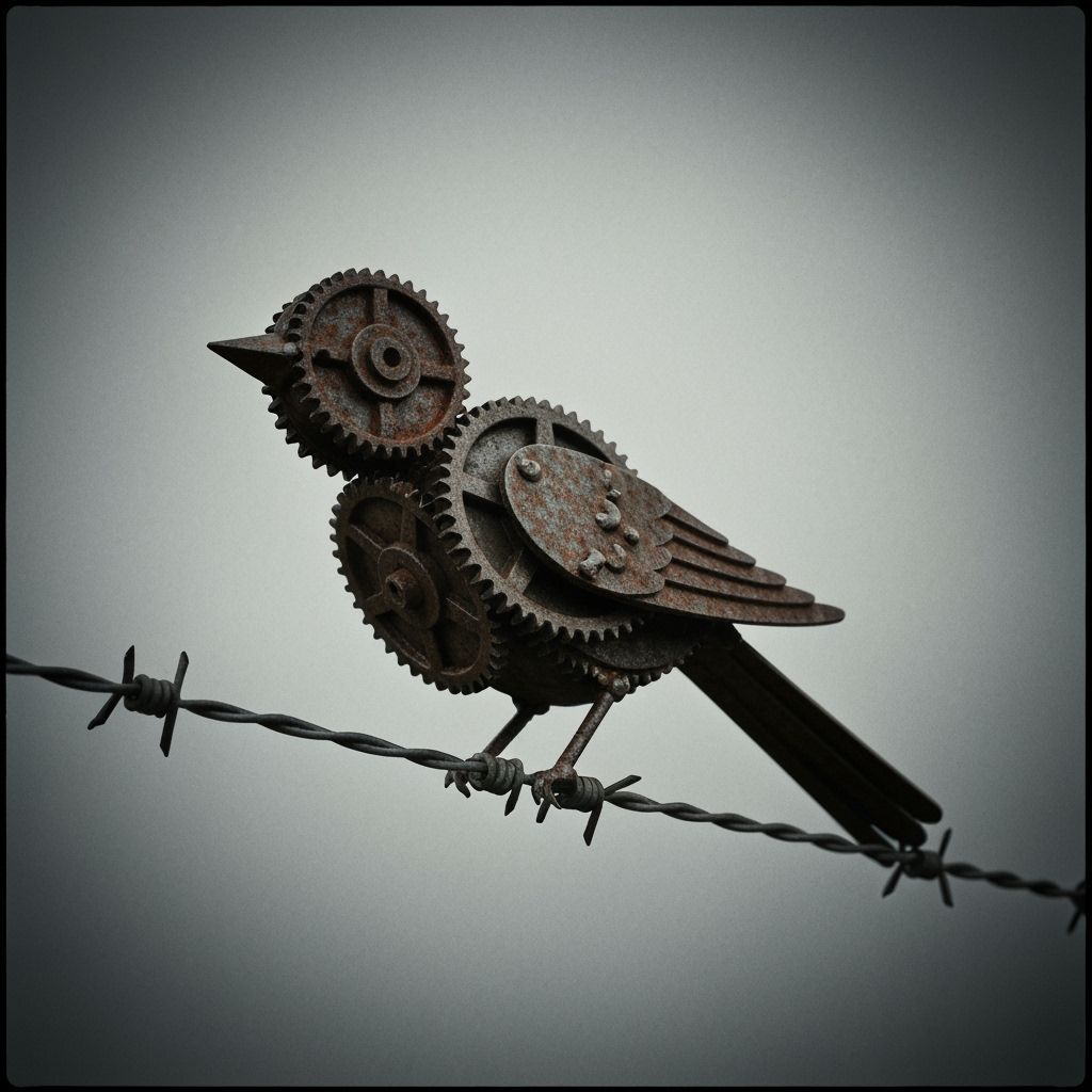 Rusty Metal Bird on Barbed Wire Fence