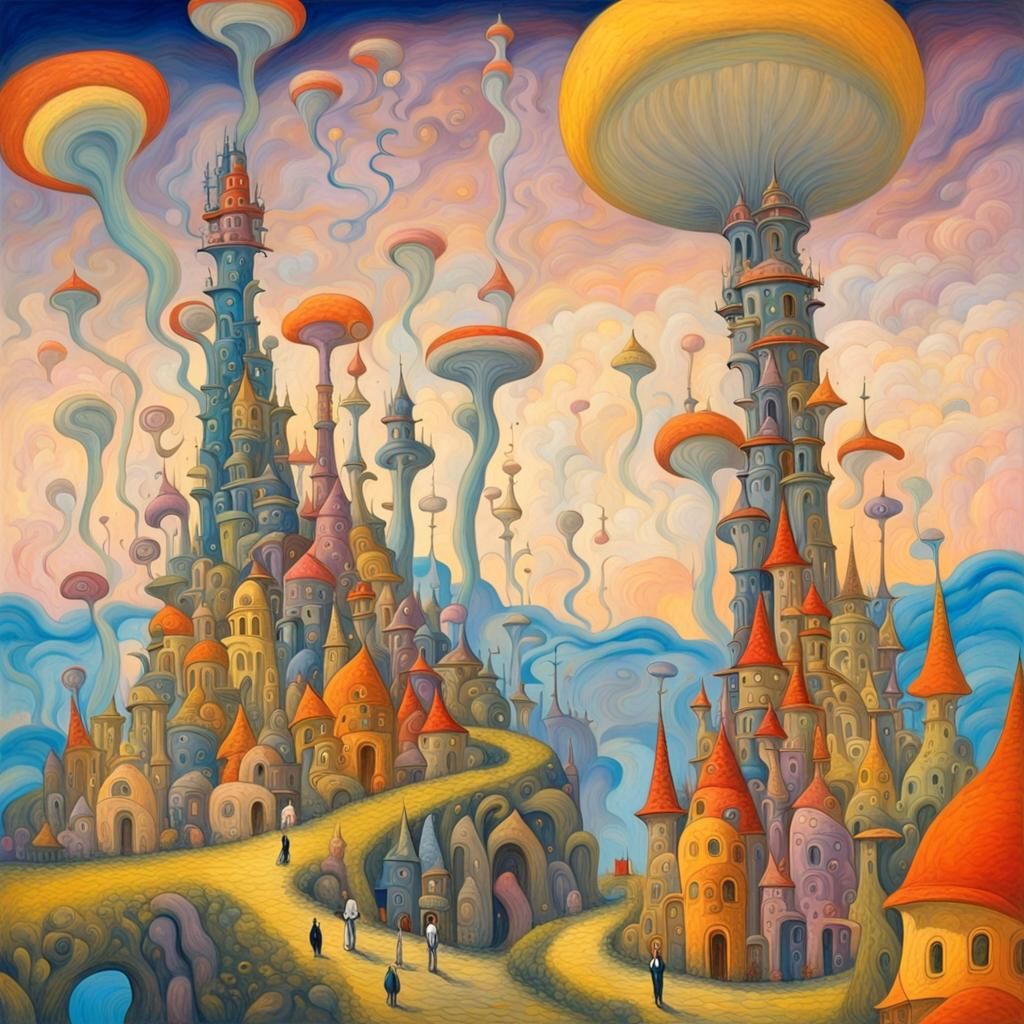 Surreal Towers in Dreamy Colorful Cityscape