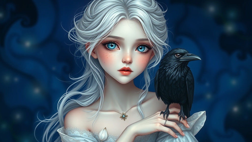 Fantasy Character with Crow in Dreamy Mystical Style