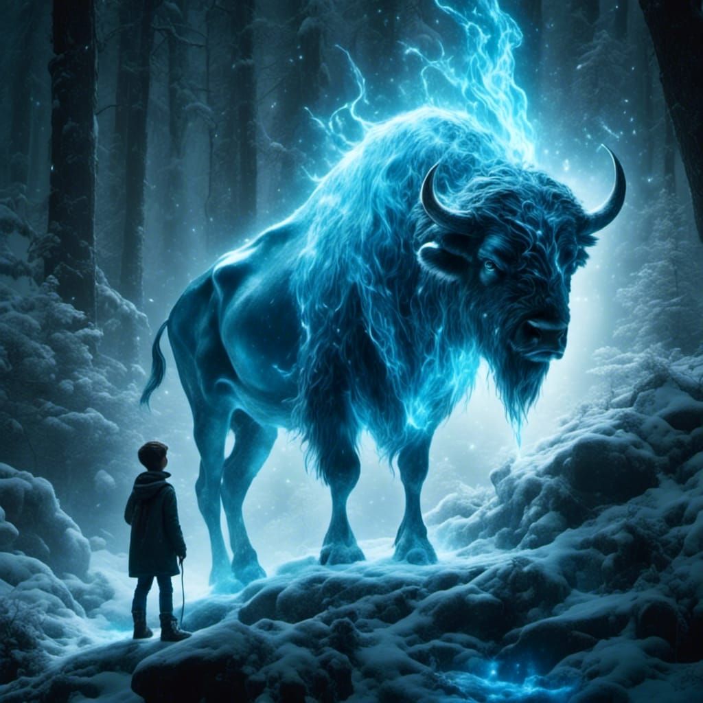 Wizard Boy with Bioluminescent Bison Patronus